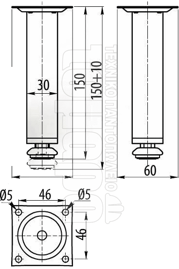 Σχεδιάγραμμα και Διαστάσεις για Geman Πόδι Επίπλων Στρογγυλό με Τετράγωνη Βάση Νίκελ 30x150mm