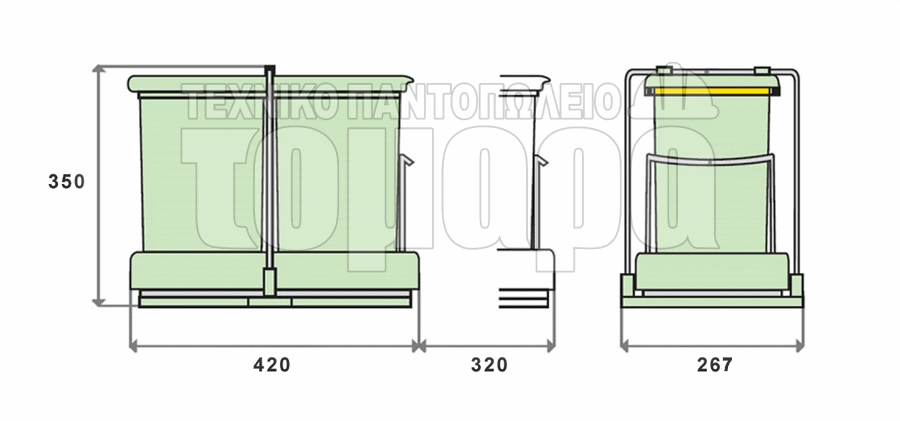 Σχέδιο Διαστάσεων Τοποθέτησης Κάδου Ανακύκλωσης Συρόμενου Διπλού